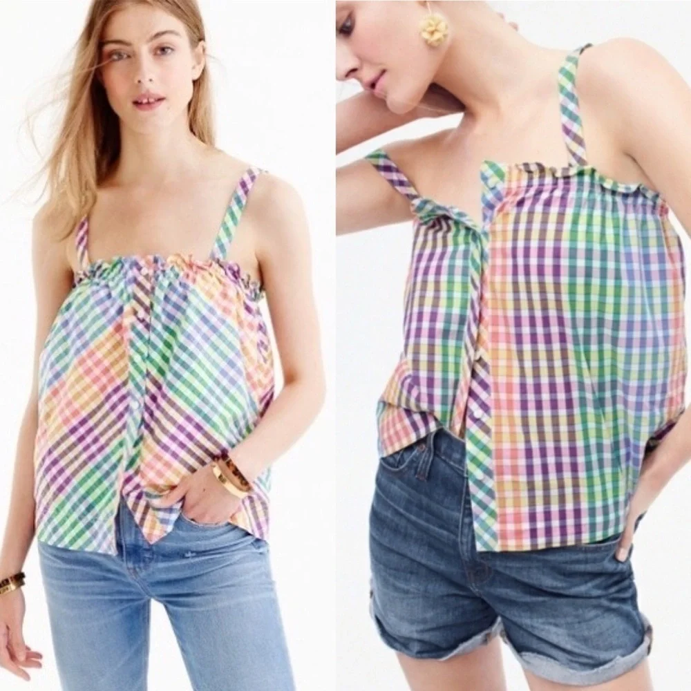 J. Crew Rainbow Gingham Button Front Ruffle Top 4